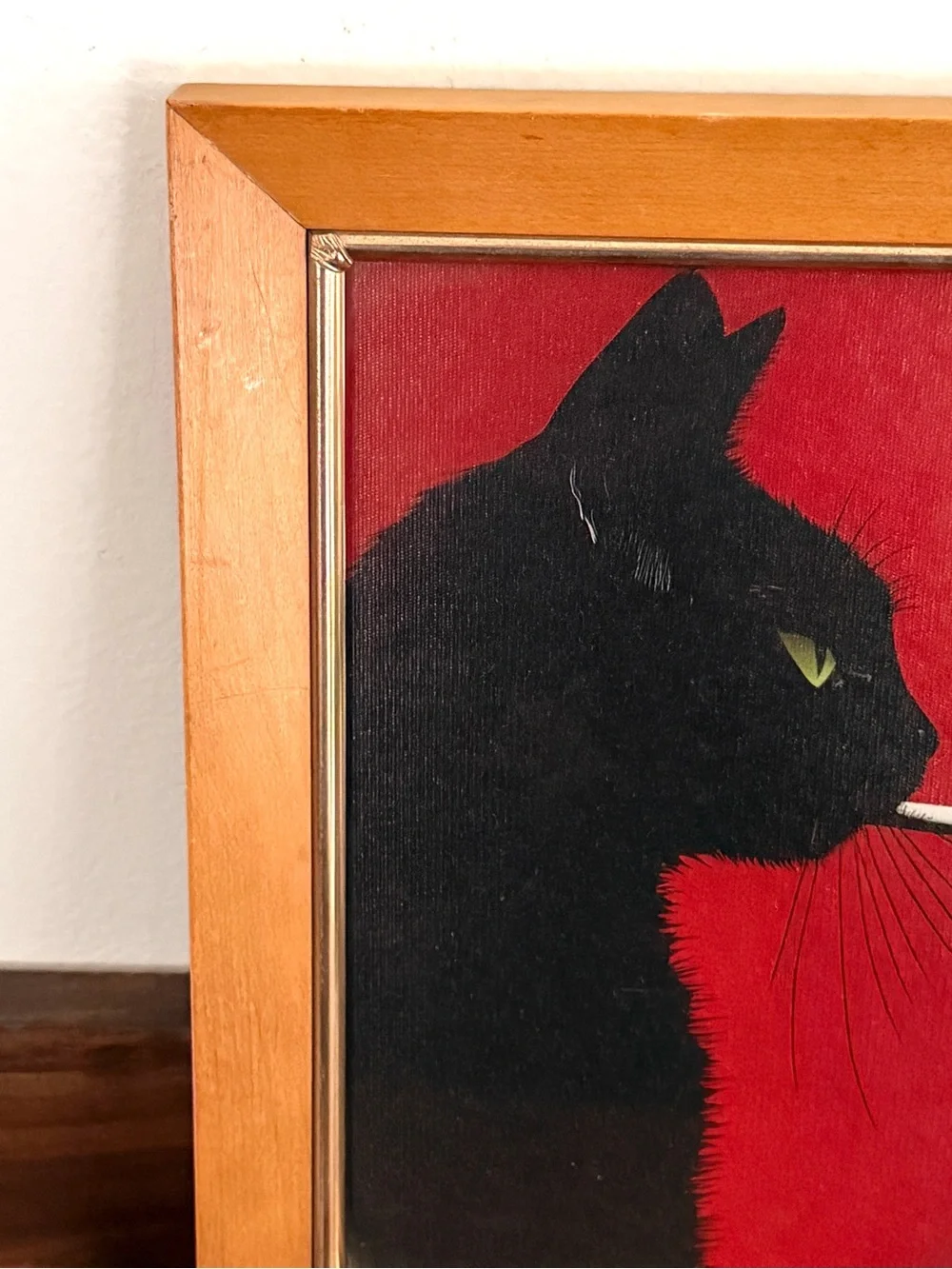 Black Cat Smoking a Cigarette Red Canvas Vintage Wood Framed Wall Hanging Art